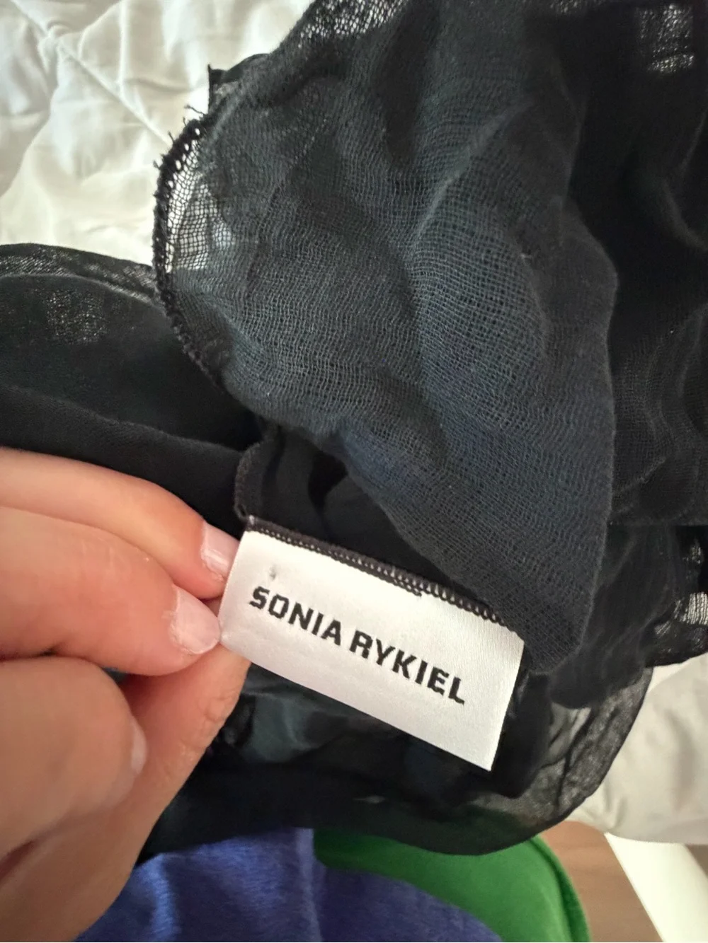 🗽Sonia Rykiel Paris Black Sheer Scarf with Floral Motif & Rolled Edges
